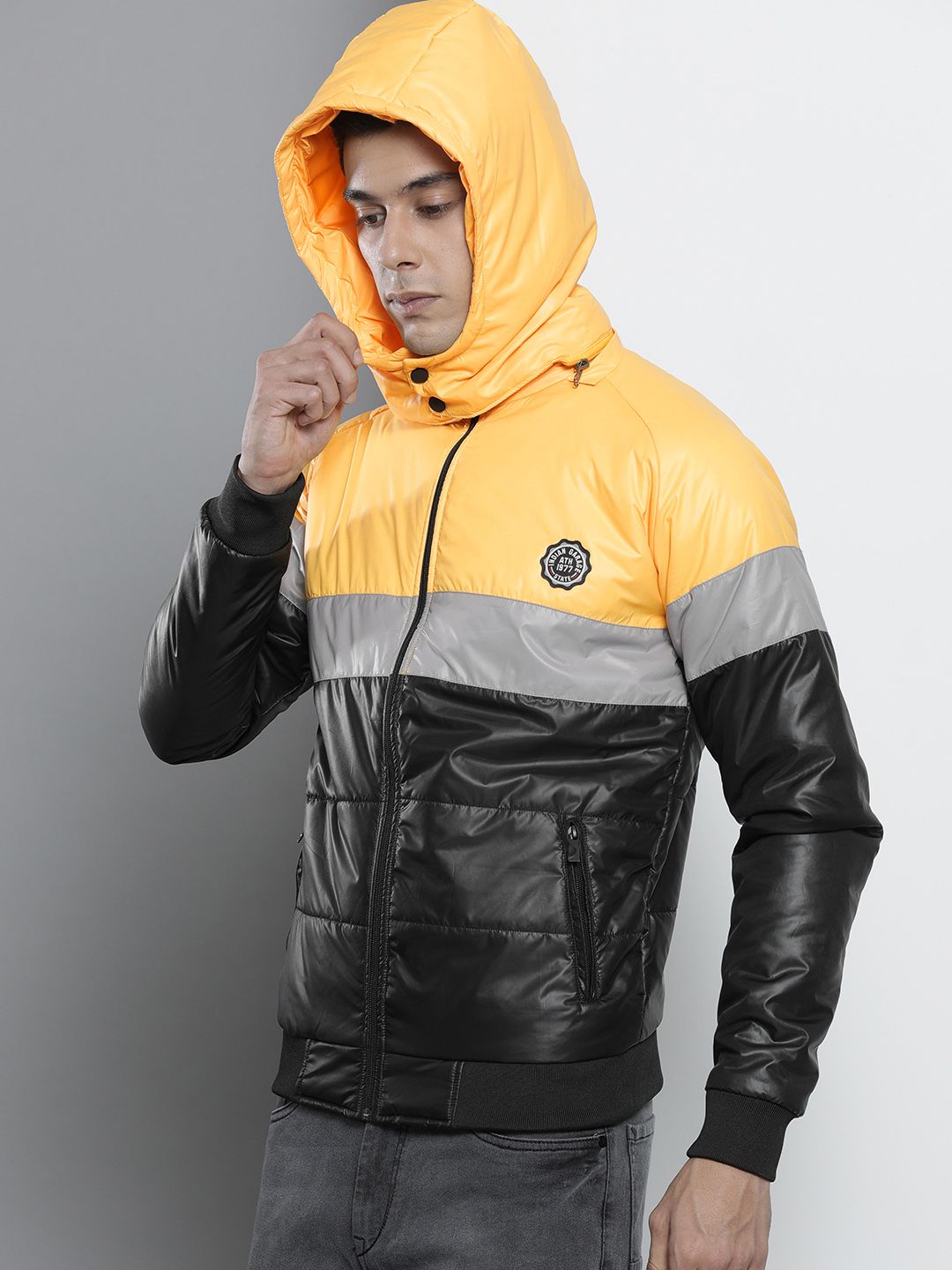 The Indian Garage Co Men Slim Fit Biker Jacket with Detachable Hood