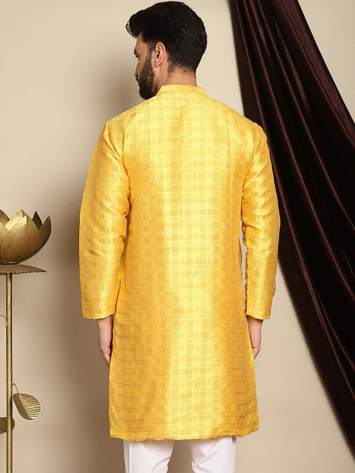 Anouk Yellow Geometric Woven Design Band Collar Jaquard Silk Straight Kurta