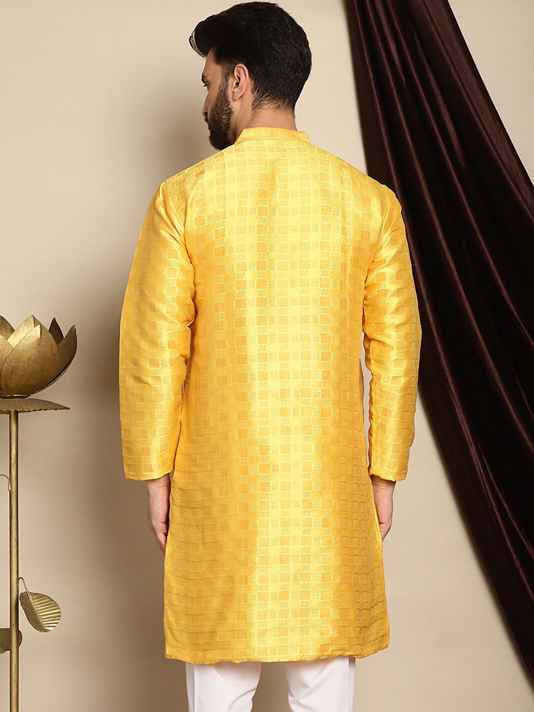 Anouk Yellow Geometric Woven Design Band Collar Jaquard Silk Straight Kurta