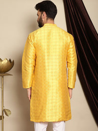 Anouk Yellow Geometric Woven Design Band Collar Jaquard Silk Straight Kurta