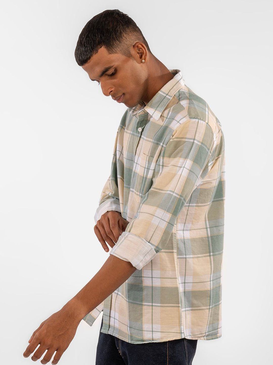 Eszett Checked Spread Collar Cotton Linen Long Sleeves Shirt