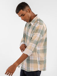 Eszett Checked Spread Collar Cotton Linen Long Sleeves Shirt