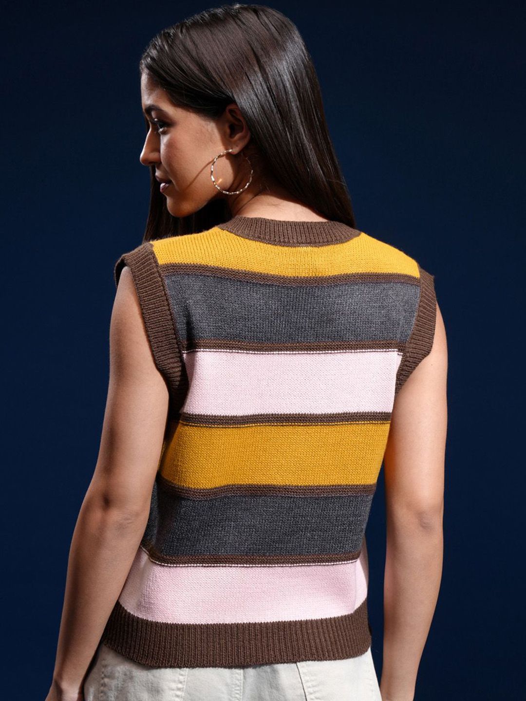 Tokyo Talkies Women Striped V-Neck Sweater Vest