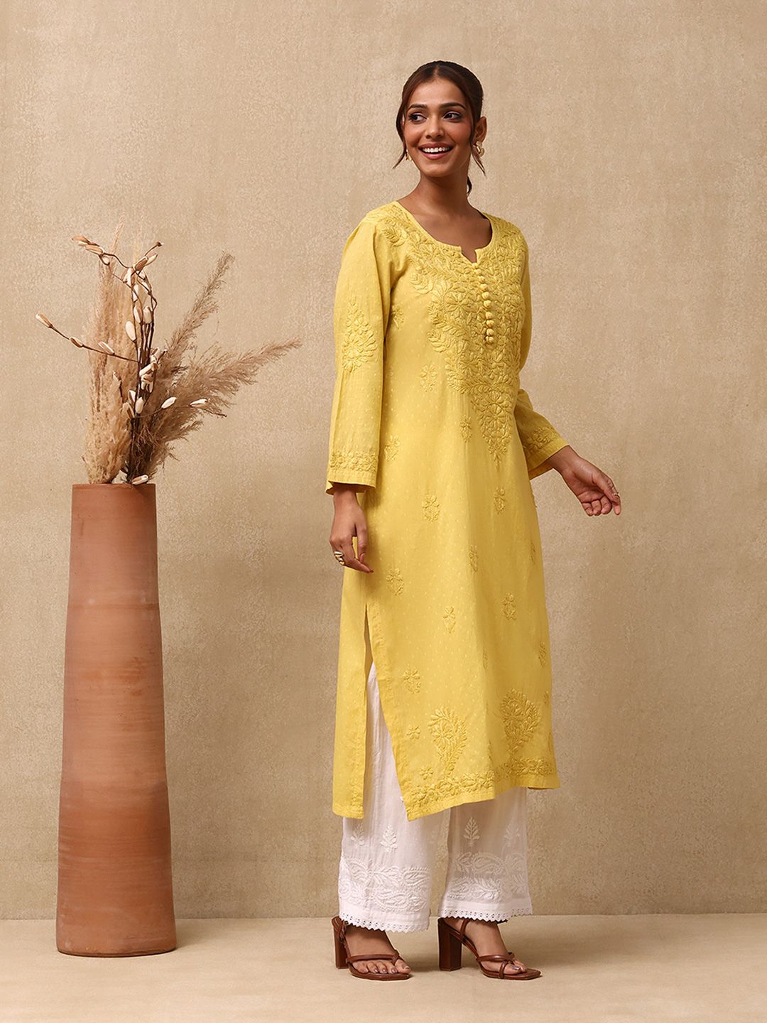 Rumah Wanita Chikankari Cotton Kuning Chikankari Sulam Kurta
