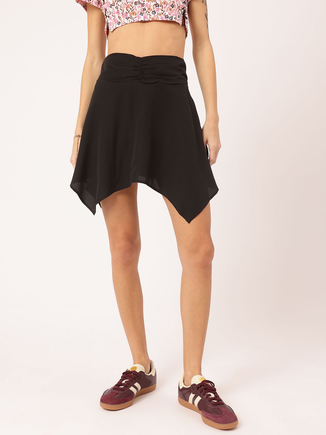 DressBerry Grunge Glam Ruched Mini Flared Skirt with Asymmetric Hem