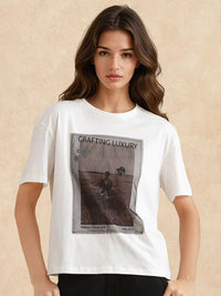 Rareism Wanita Grafik Bercetak Kapas Leher Pusingan T-shirt Santai