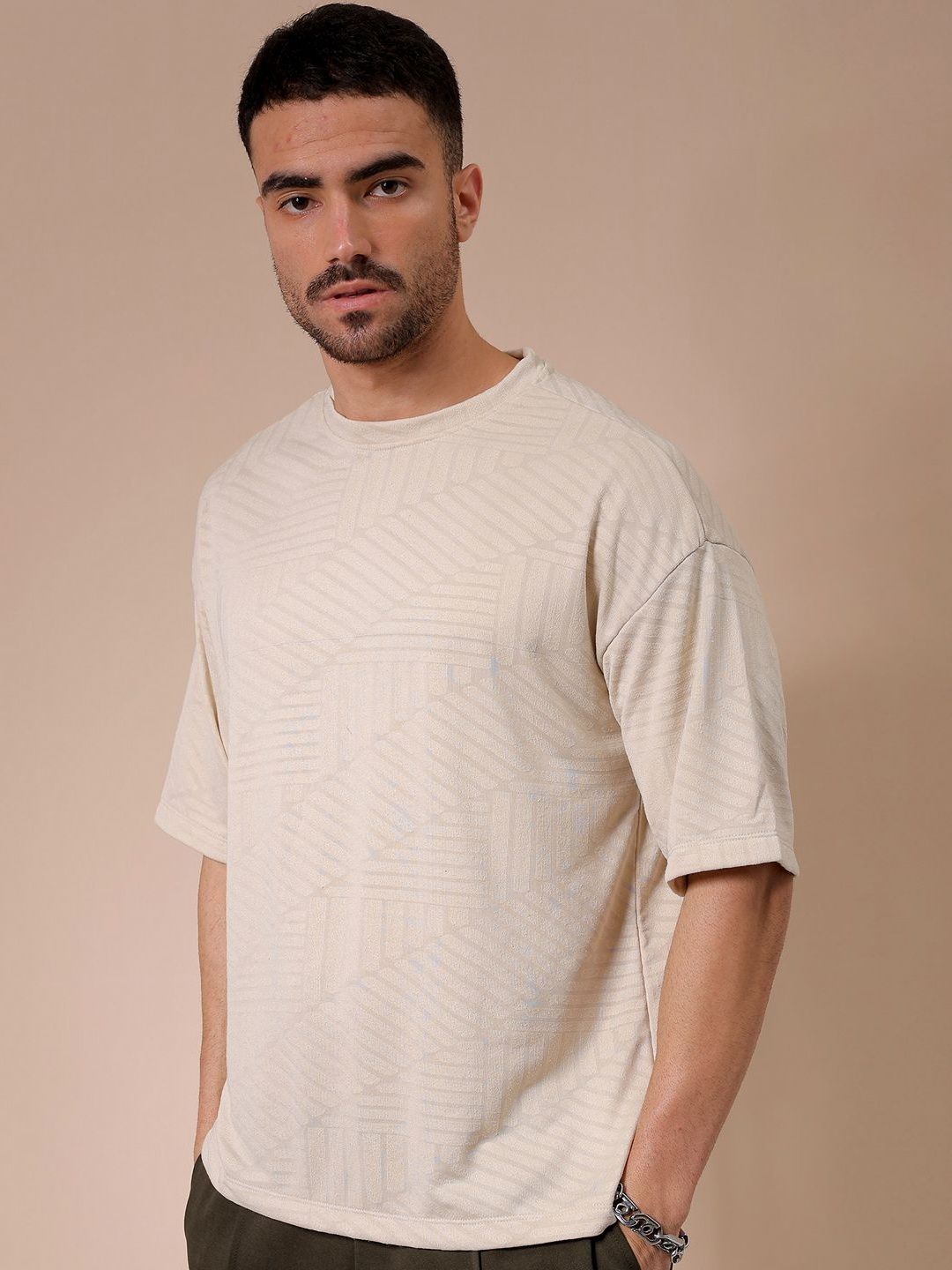The Indian Garage Co Men Self Design Round Neck Oversized T-shirt