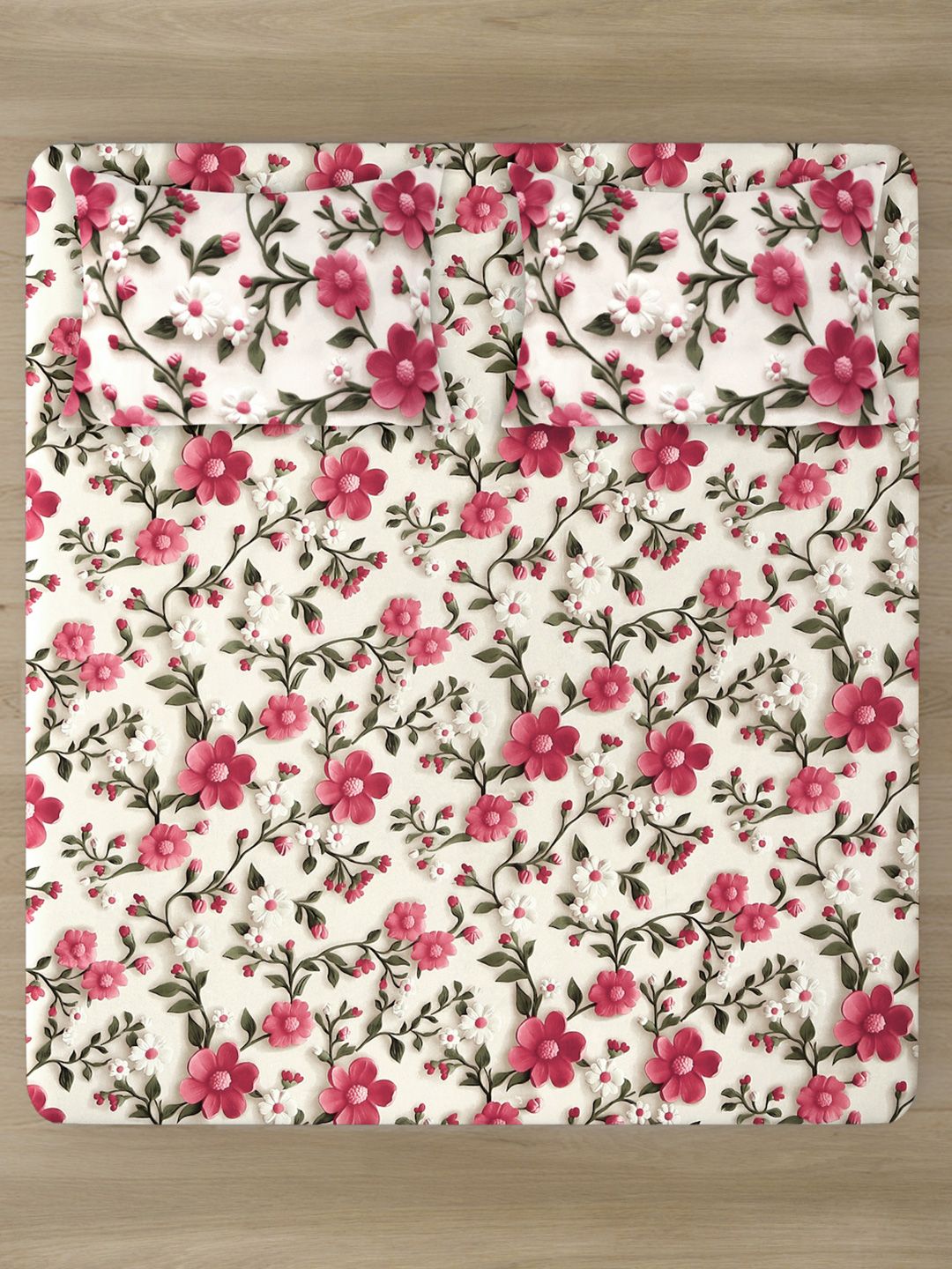KLOTTHE Cream & Pink Floral Printed Dilengkapi 300 TC King 7D Cadar Dengan 2 Sarung Bantal