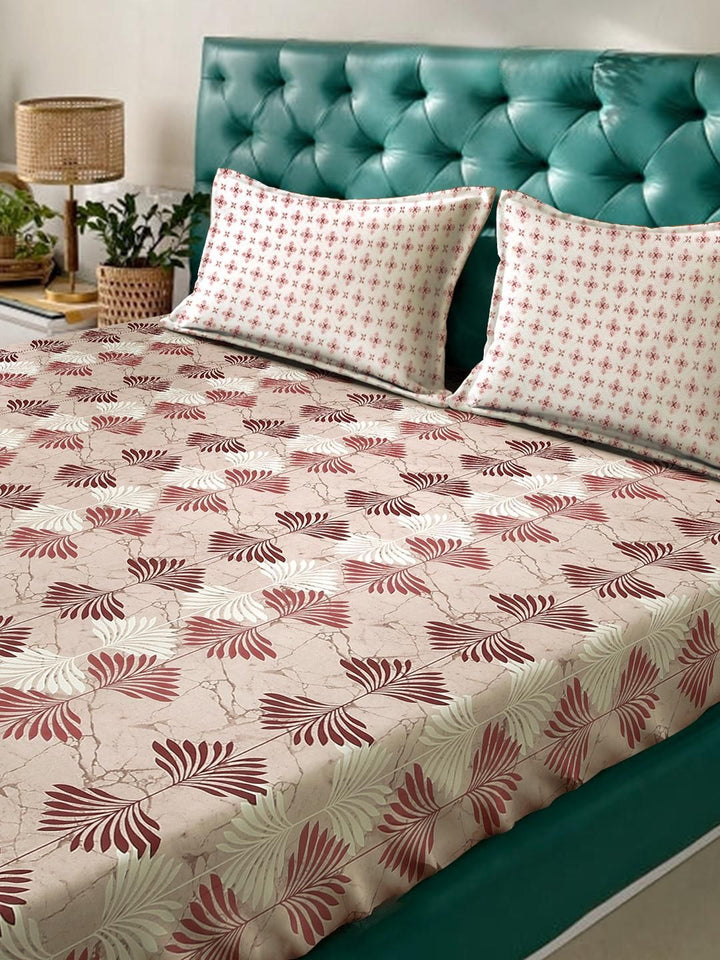 KLOTTHE Beige & Brown Floral Printed Cotton 400 TC King Bedsheet Sets 2.5 m x 2.25 m