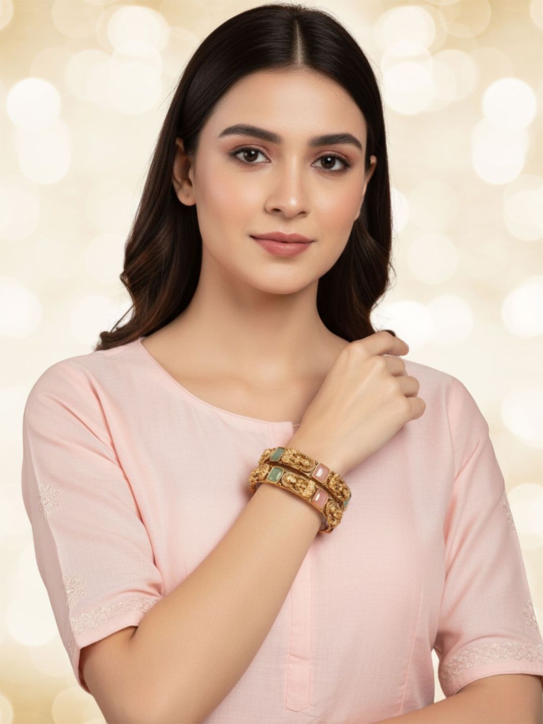 KARATCART Women Set of 2 Gold-Toned & Blue Rajwadi Gold Plated Temple Bangles
