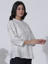 W Geometric Print Mandarin Collar Puff Sleeve Shirt Style Top