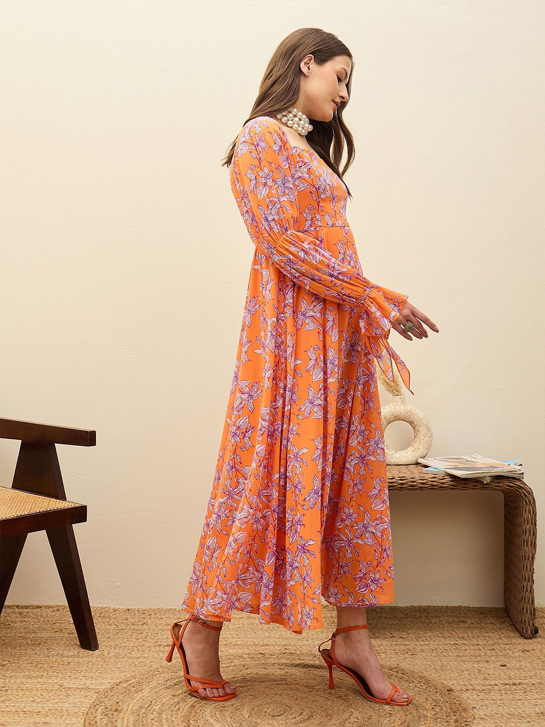 SASSAFRAS Floral Print Flutter Sleeve Georgette Fit & Flare Maxi Dress
