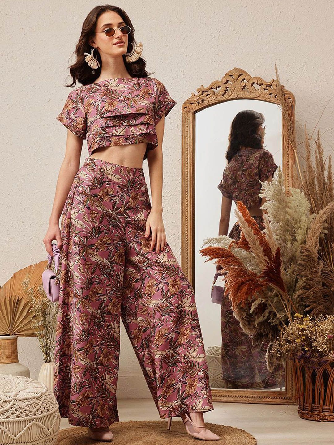 Quiero Floral Printed Boat Neck Top dengan Palazzos