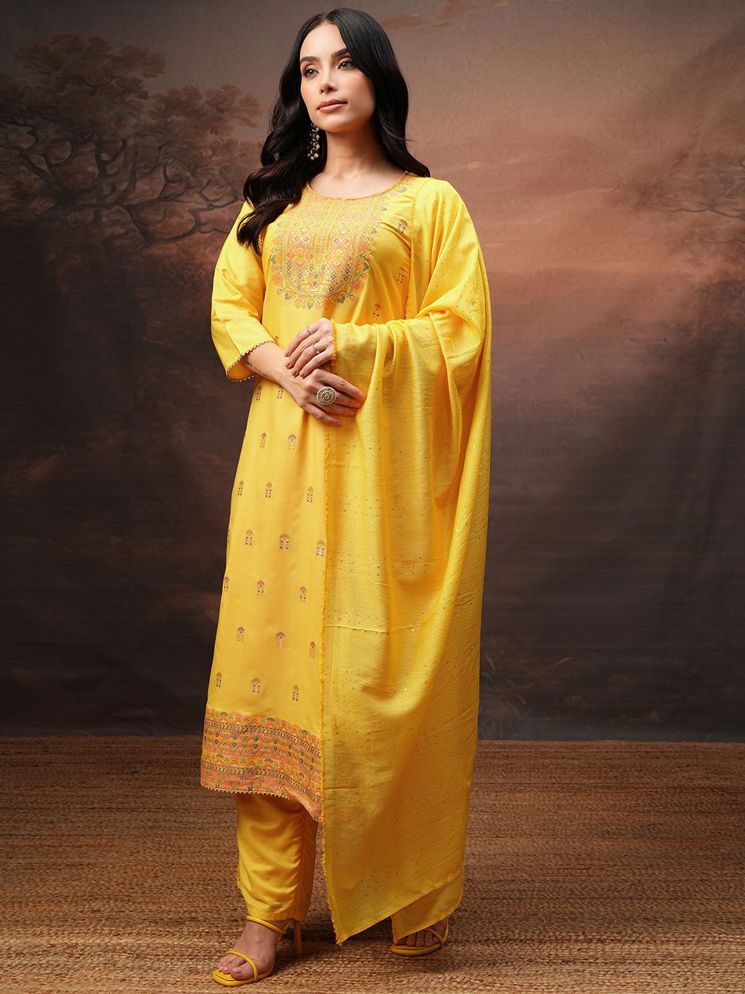 Vishudh Women Straight Jacquard Kurta With Pant & Dupatta
