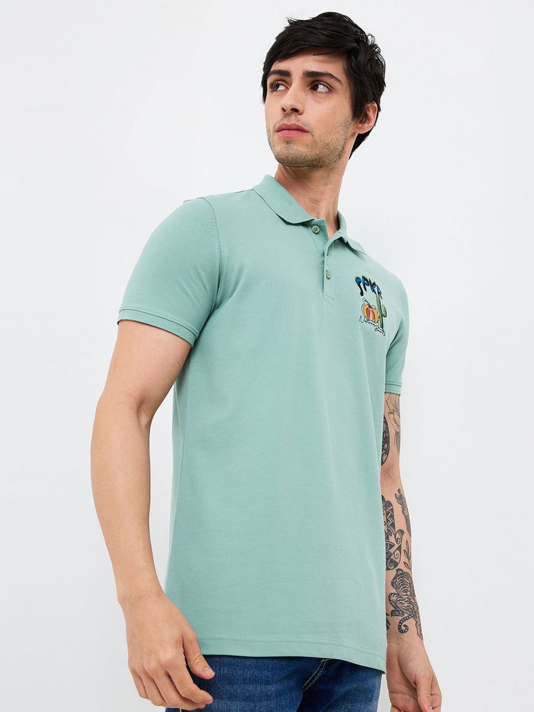 SPYKAR Men Graphic Printed Polo Collar Cotton Slim Fit T-shirt