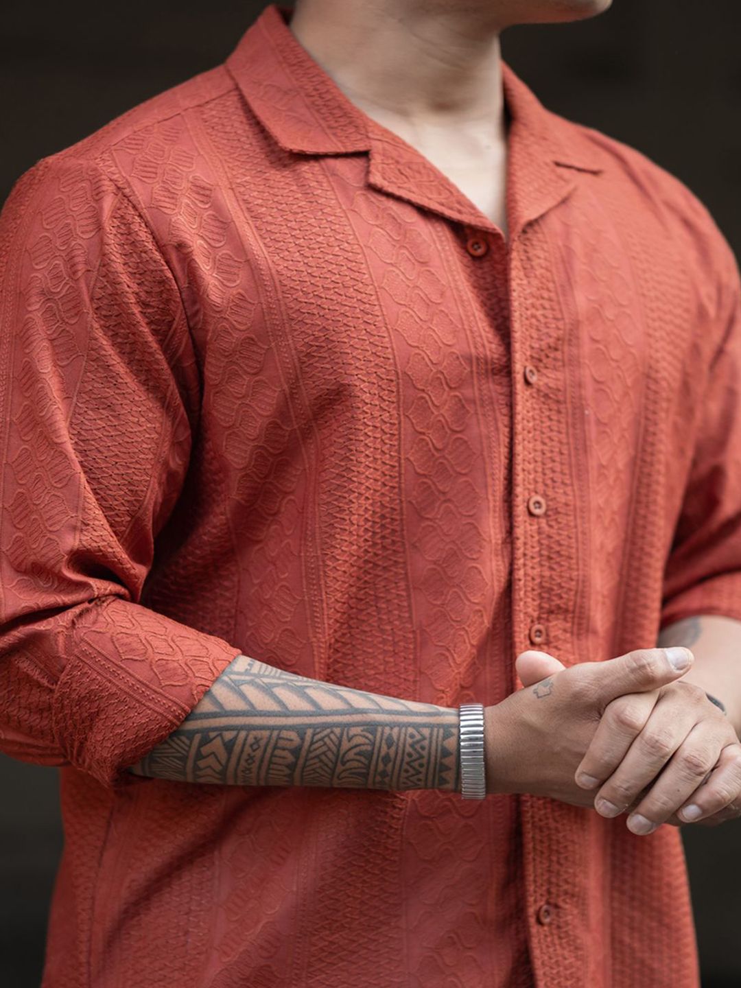 Powerlook Men Cuban Collar Self Design Casual Shirt