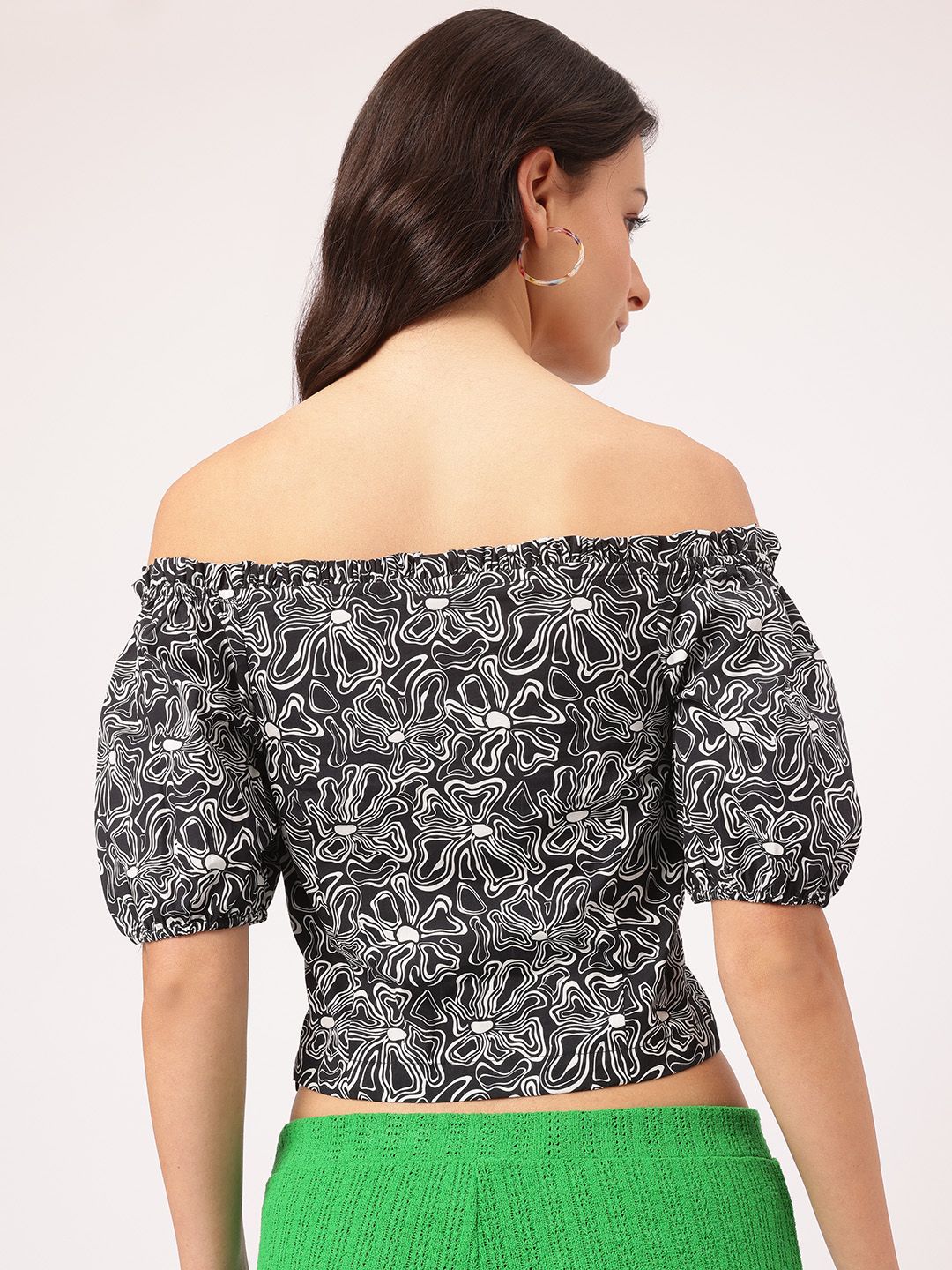 DressBerry Printed Ruched Bardot Crop Top