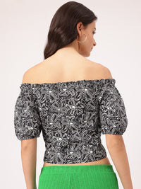 DressBerry Printed Ruched Bardot Crop Top