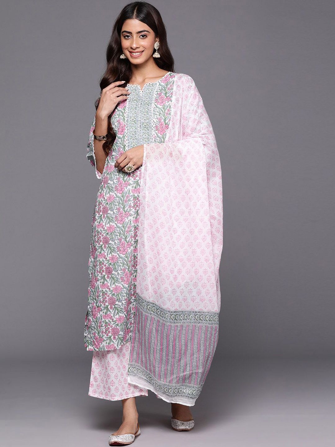 Libas Floral Printed Notch Neck Cotton Straight Kurta With Palazzos & Dupatta