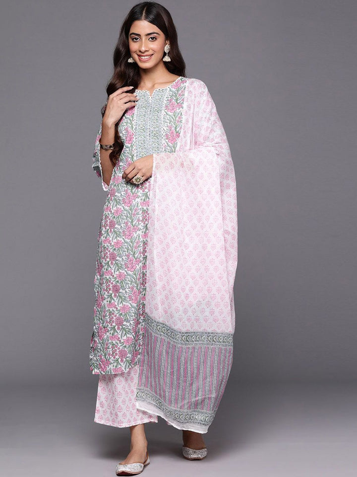Libas Floral Printed Notch Neck Cotton Straight Kurta With Palazzos & Dupatta
