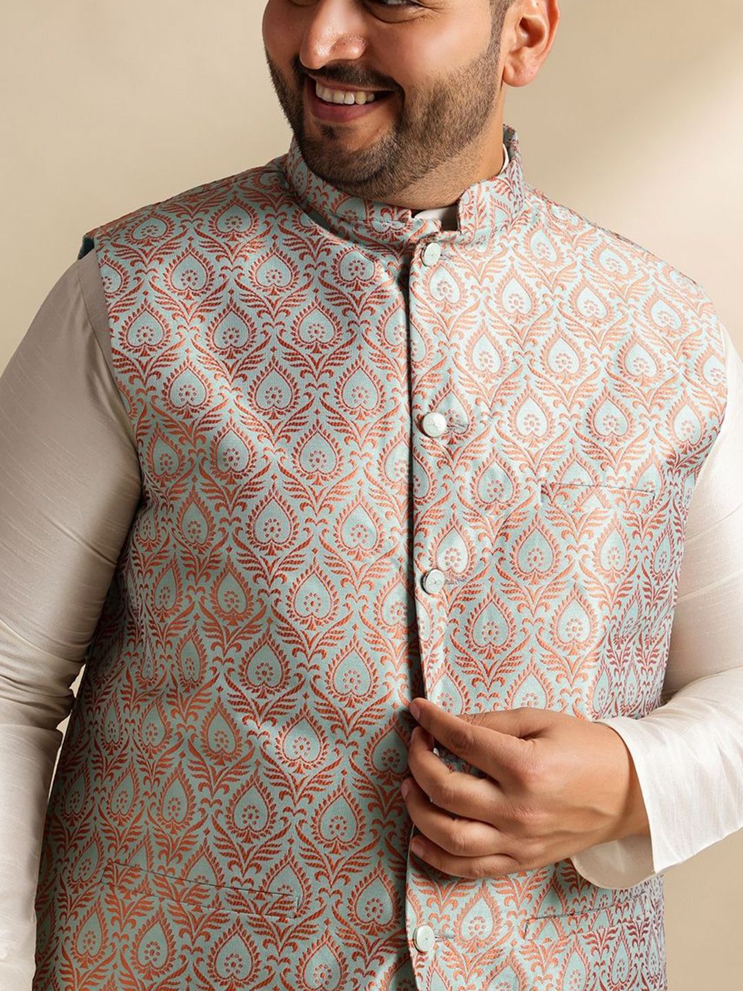 SOJANYA PLUS Woven Design Jacquard Silk Nehru Jacket