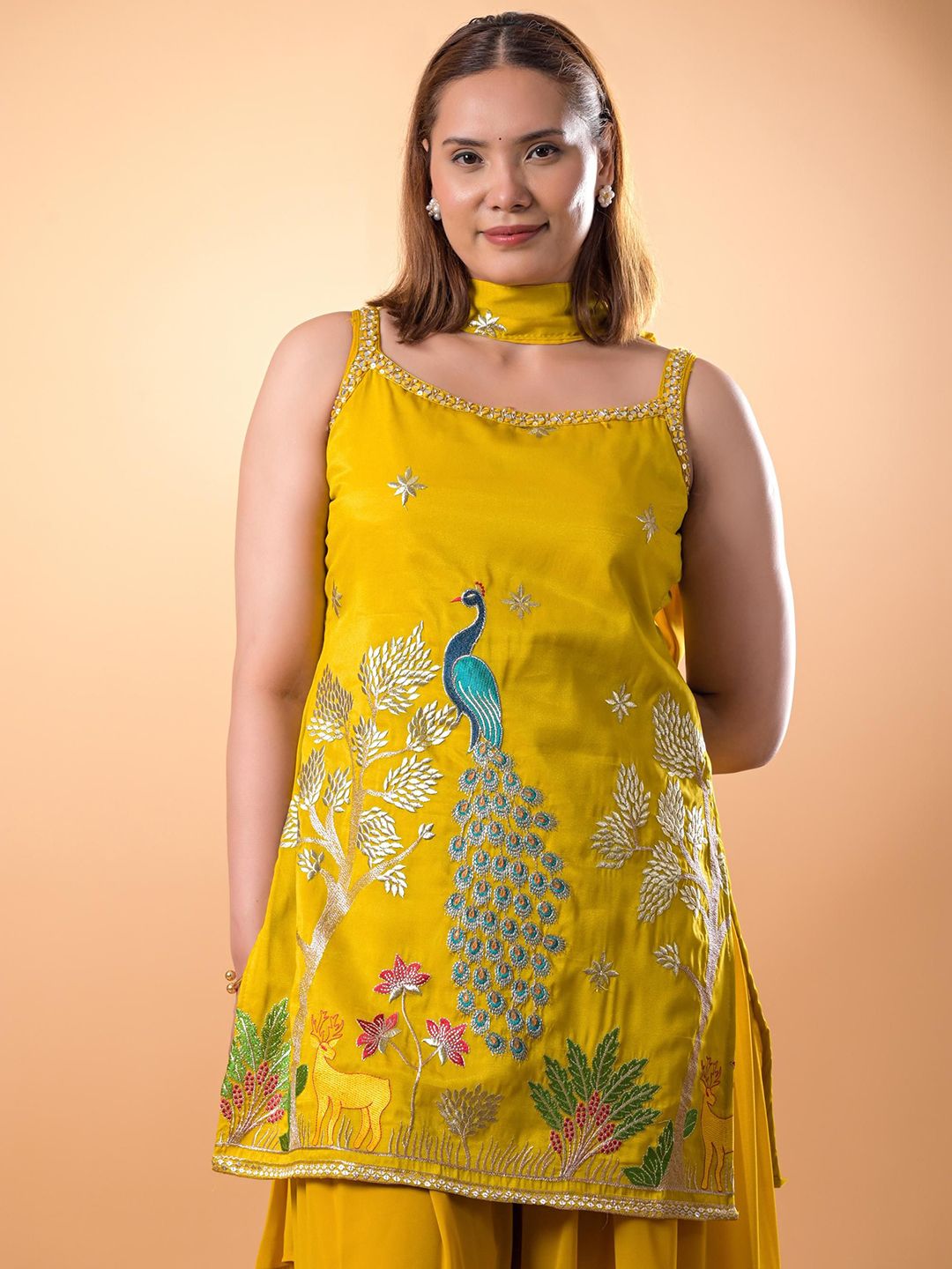 Mamicha Women Woven Design Embroidered Cotton A-Line Kurti with Palazzos & Dupatta