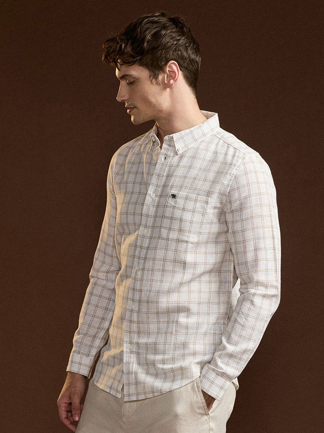 THE BEAR HOUSE Men Slim Fit Button-Down Collar Grid Tattersall Checked Cotton Casual Shirt
