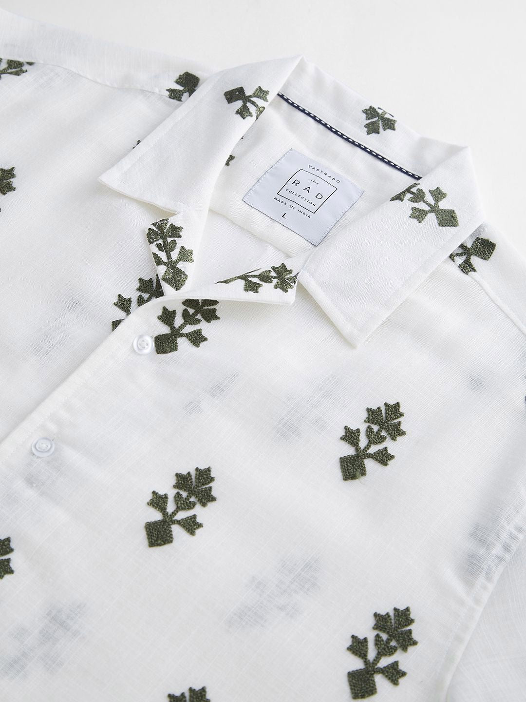 VASTRADO White & Olive Embroidered Cuban Collar Oversized Shirt