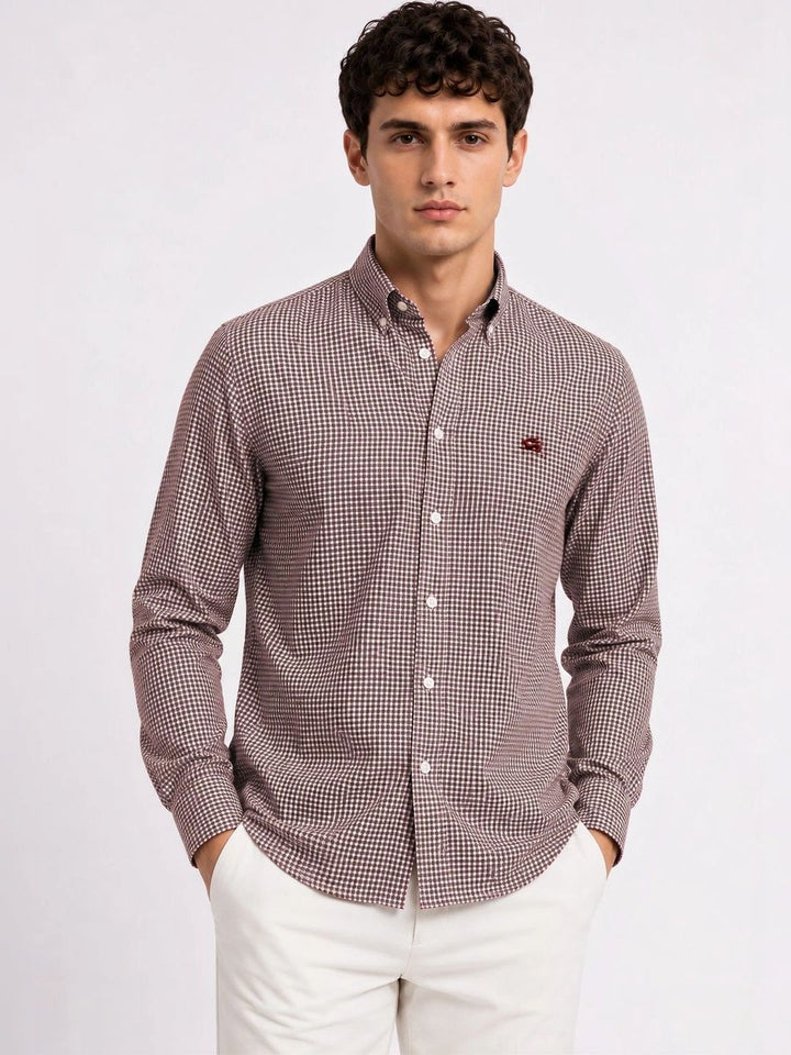 ADRO Men Brown & White Mini Checked Regular Fit Casual Cotton Shirt