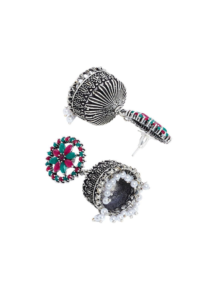 Anouk Red Silver-Plated Stone Studded & Beaded Dome Shaped Jhumkas