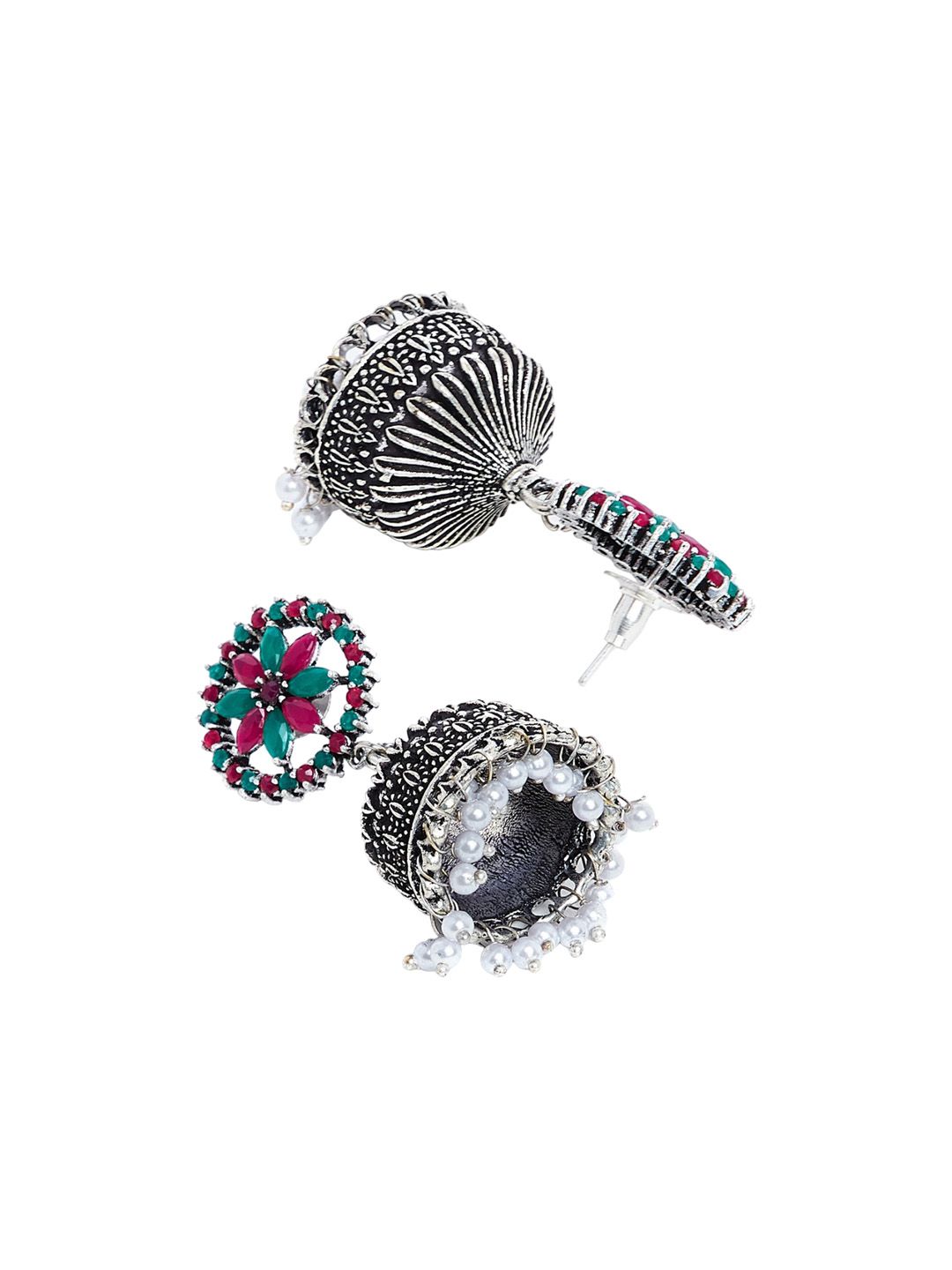 Anouk Red Silver-Plated Stone Studded & Beaded Dome Shaped Jhumkas