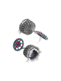 Anouk Red Silver-Plated Stone Studded & Beaded Dome Shaped Jhumkas