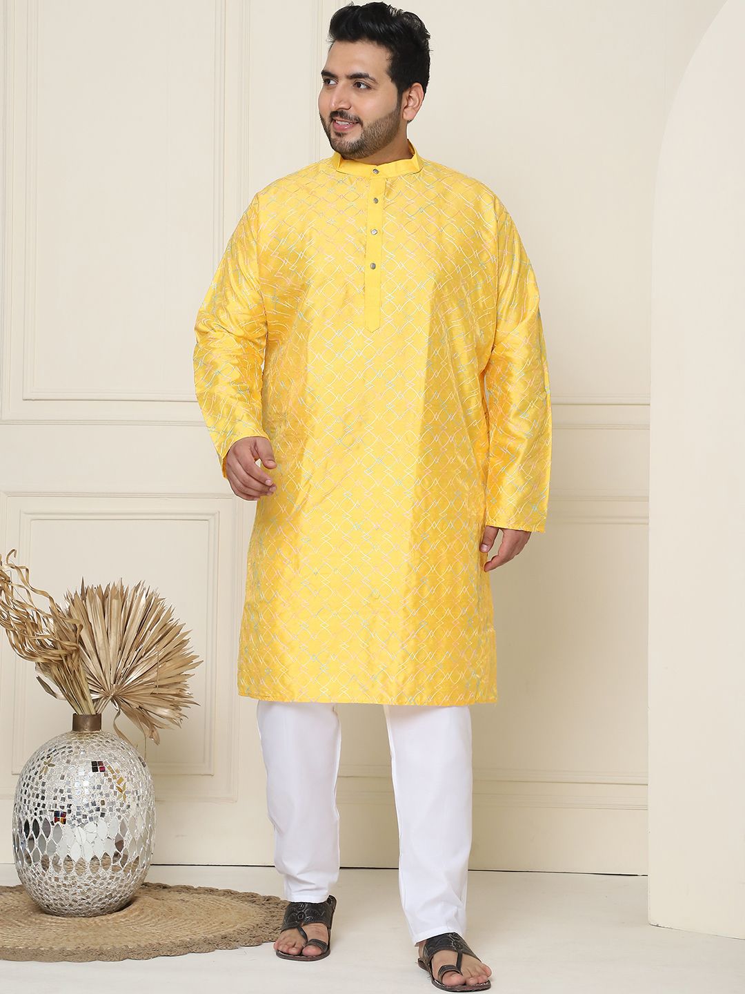 SOJANYA PLUS Geometrik Sulam Benang Kerja Sutera Kurta Lurus Kapas dengan Piyama