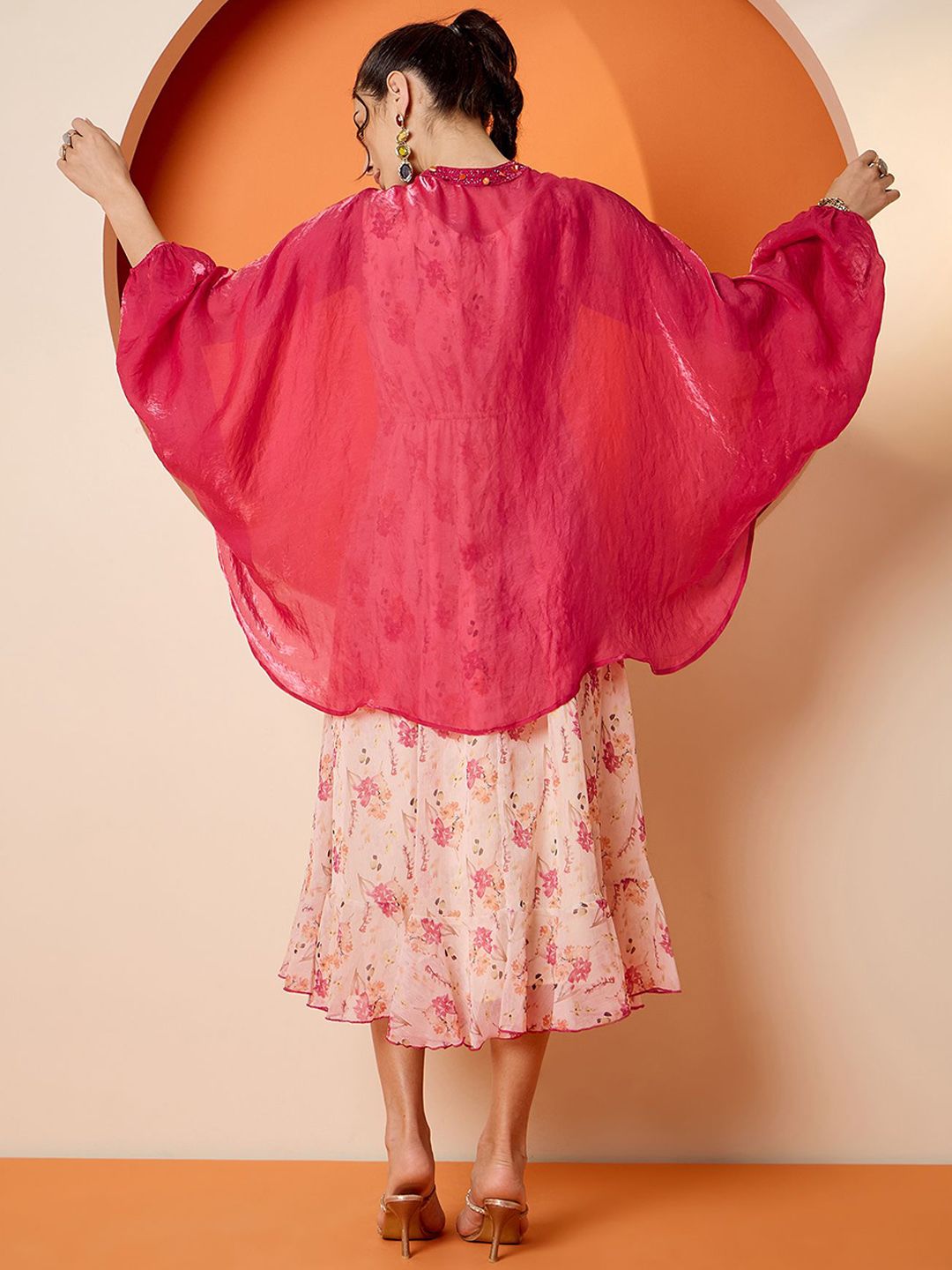 Antheaa Floral Printed A-Line Midi Dress and Embellished Shrug