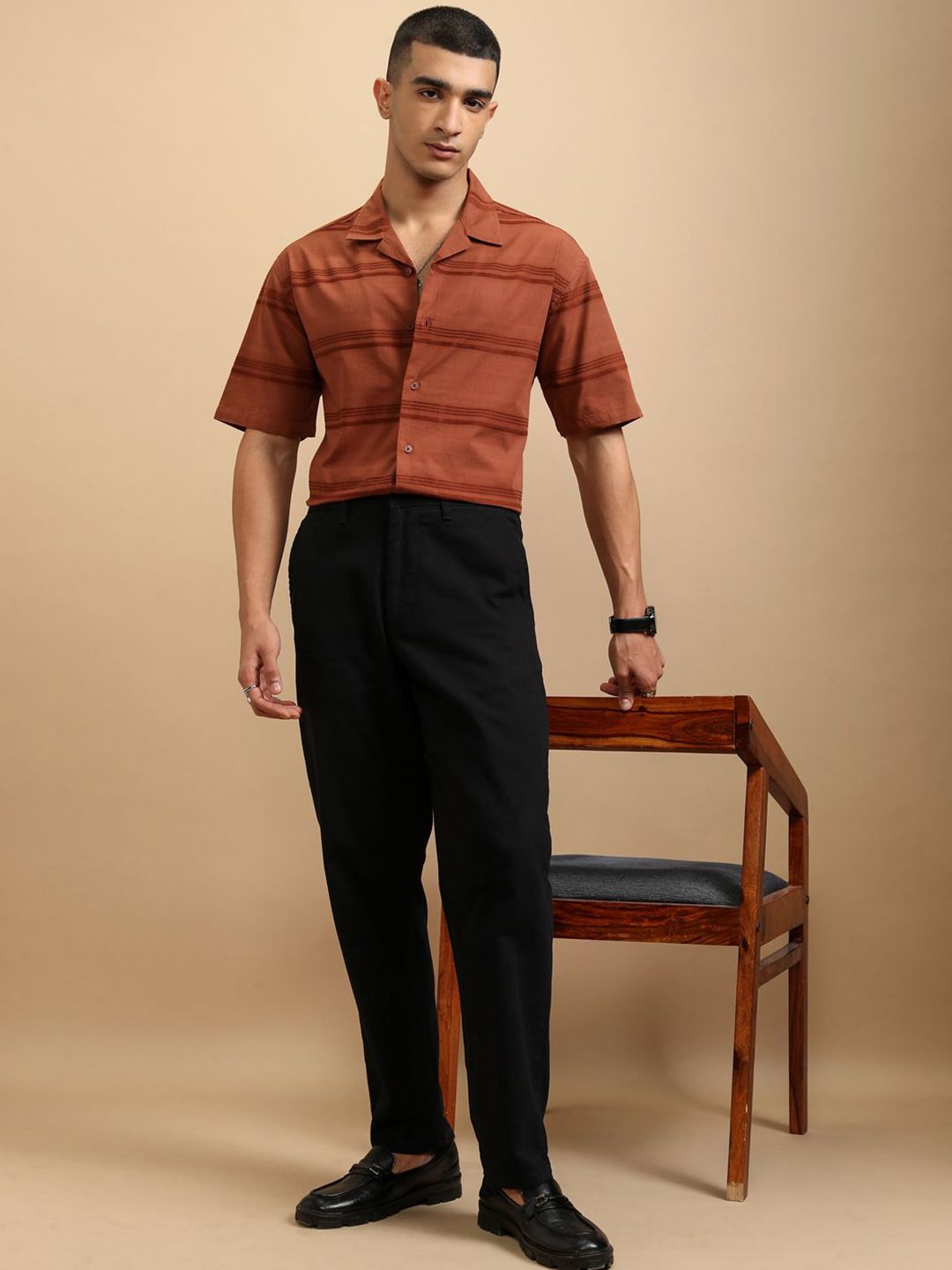 Highlander Men Chenille Yarn Dobby Textured Cuabn Collar Relaxed Shirt