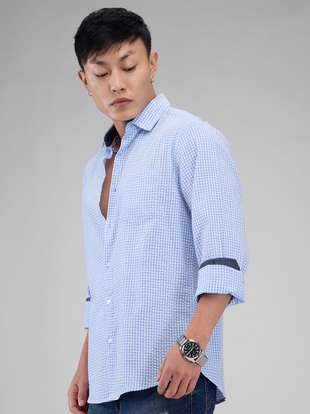 VASTRADO Men Classic Cutaway Collar Micro Checked Cotton Slim Fit Casual Shirt