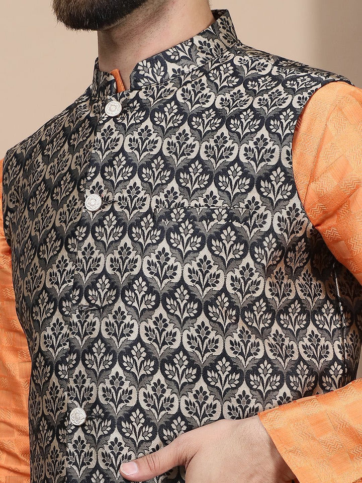 Anouk Geometric Woven Design Regular Straight Kurta With Churidar & Nehru Jacket