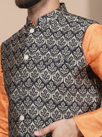 Anouk Geometric Woven Design Regular Straight Kurta With Churidar & Nehru Jacket