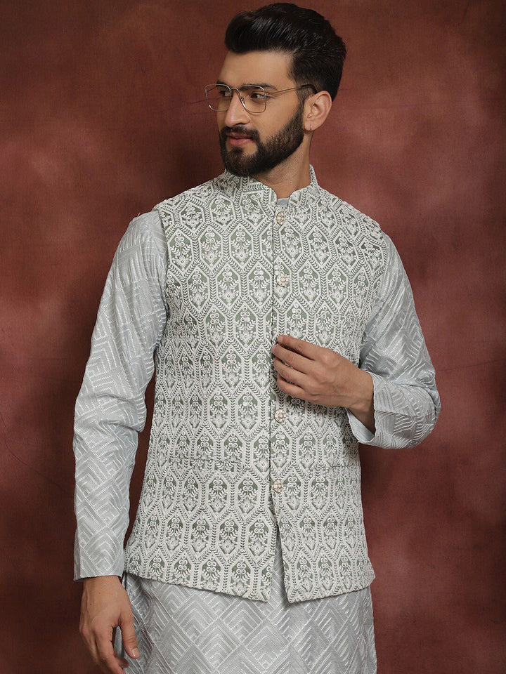 Anouk Embroidered Regular Thread Work Kurta Churidar with Nehru jacket