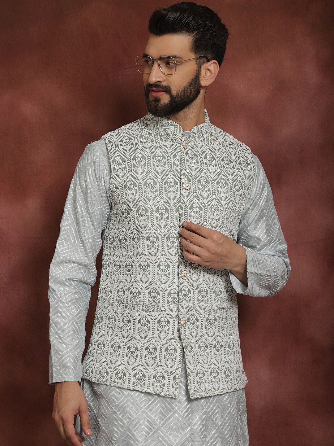 Anouk Embroidered Regular Thread Work Kurta Churidar with Nehru jacket