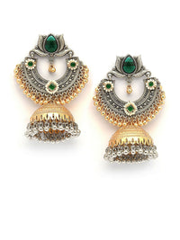 KARATCART Gold-Plated Dome Shaped Kundan Studded & Beaded Lotus Motif Oxidized Jhumkas