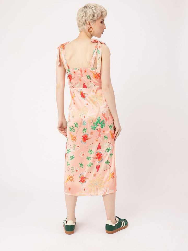DressBerry Enduring Chic Satin Finish Printed Side Slit A-Line Midi Dress