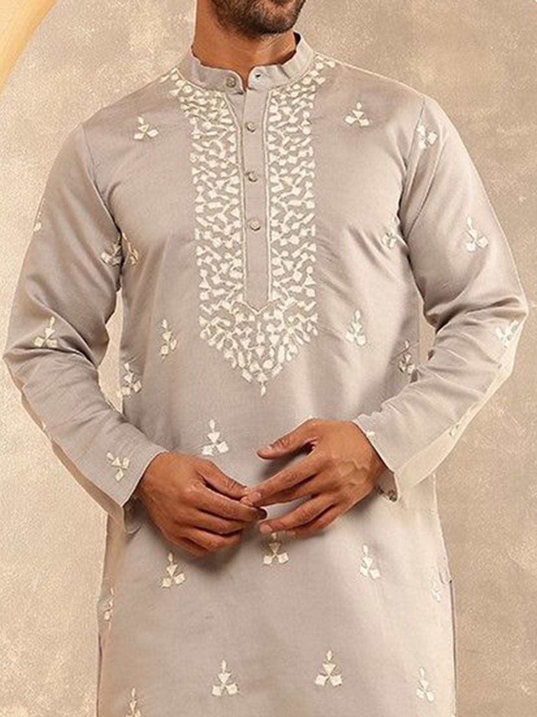 Anouk Geometric Embroidered Band Collar Thread Work Cotton Silk Straight Kurta