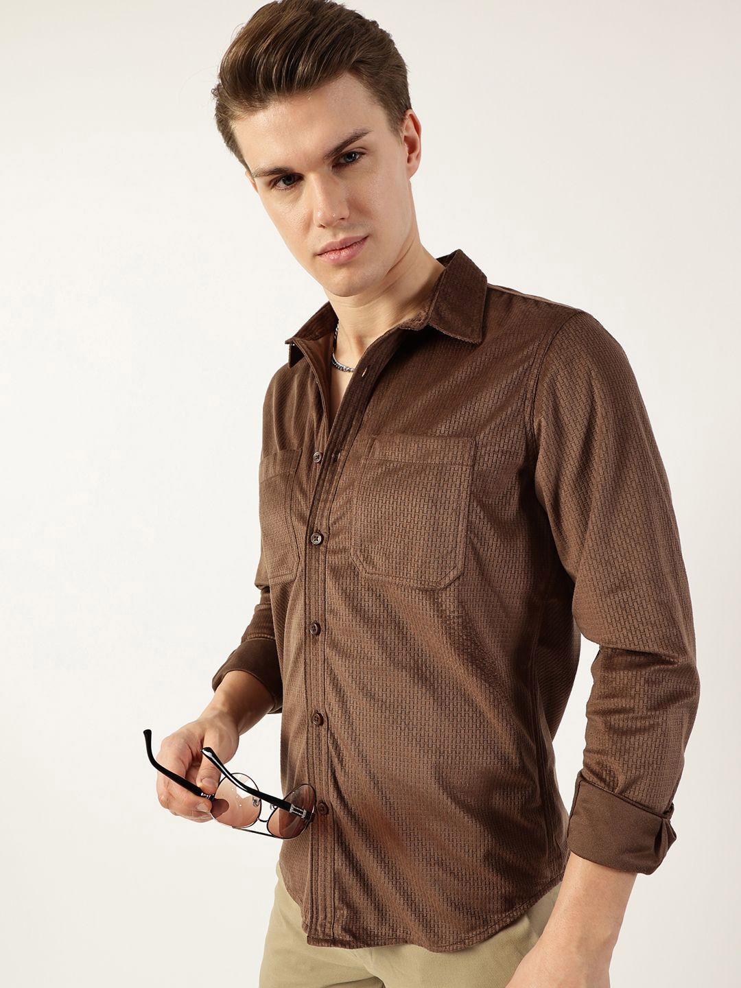 Thomas Scott Men Classic Spread Collar Textured Solid Slim Fit Casual Shirt