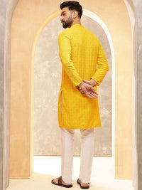Anouk Mustard Kolar Mandarin Bersulam Geometri Kurta Lurus Kapas Tulen Bersulam