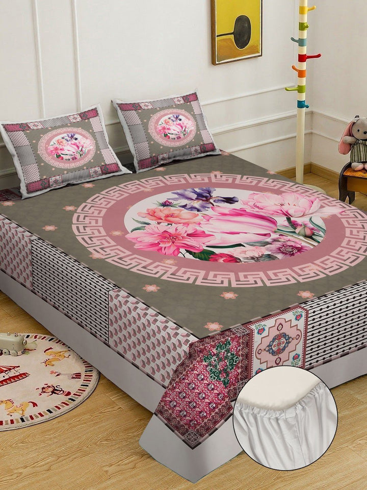 Myntra Elegant Homes Grey Floral 300 TC King Bedsheet with 2 Pillow Covers