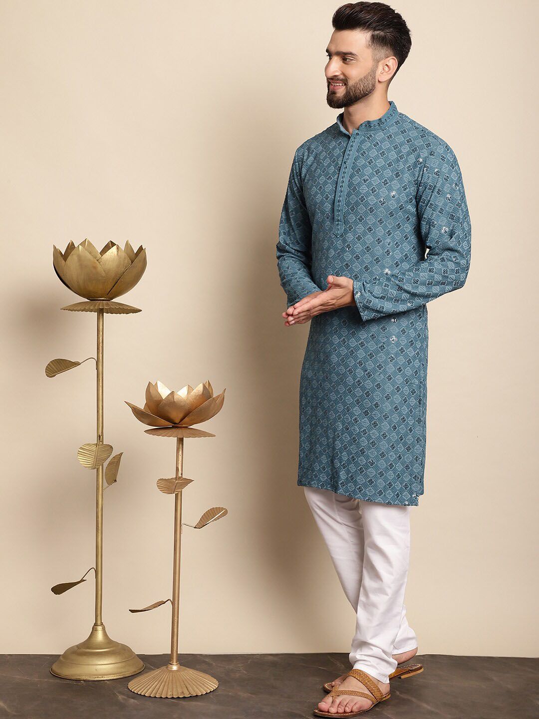 Motif Etnik Biru Anouk Bersulam Benang Berfungsi Kapas Tulen Kurta Lurus Dengan Churidar
