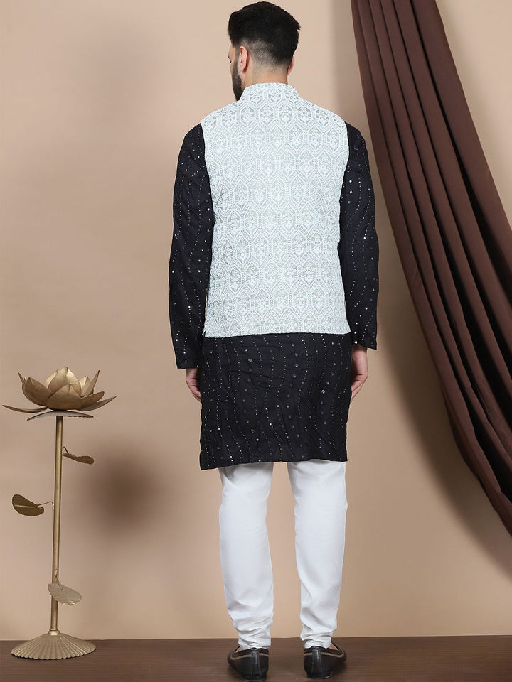 Anouk Embroidered Sequinned Pure Cotton Straight Kurta With Churidar & Nehru Jacket