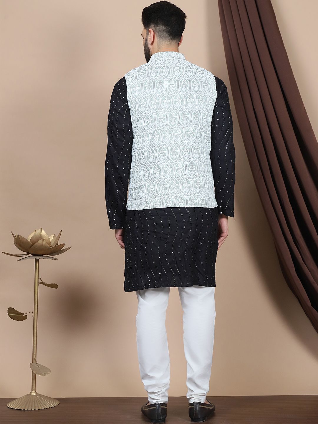 Anouk Embroidered Sequinned Pure Cotton Straight Kurta With Churidar & Nehru Jacket