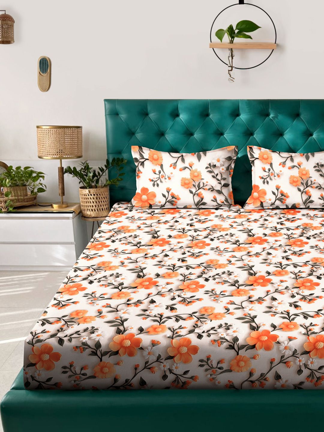 KLOTTHE Cream Floral Printed Dilengkapi 300 TC Double King 7D Cadar & 2 Sarung Bantal